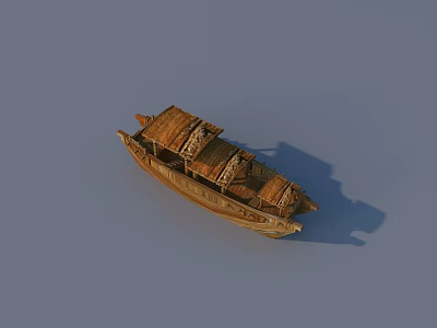 Detailed Brown Wooden Boat With Traditional Hull Design And Canopy Structure 3d model