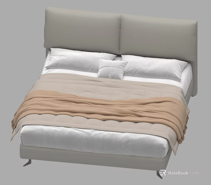 Modern Double Bed with Gray Headboard White Pillows and Beige Blanket 3d model 