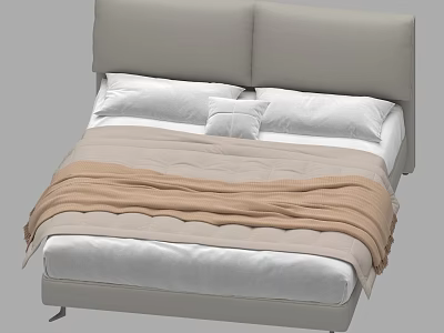 Modern Double Bed with Gray Headboard White Pillows and Beige Blanket 3d model