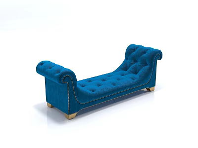 Blue Velvet Footstool With Button Tufted Design And Curved Gold Legs 3d model
