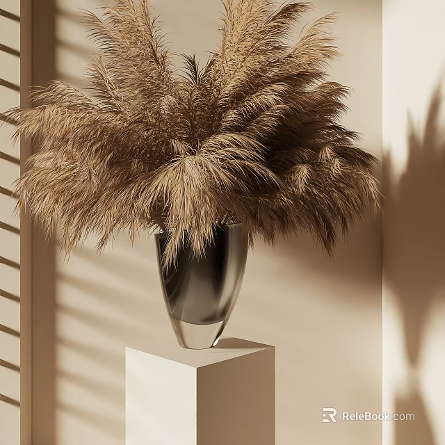 Brown Reeds in Black Vase on White Cube Stand with Light Shadow Effects 3d model 