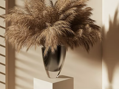Brown Reeds in Black Vase on White Cube Stand with Light Shadow Effects 3d model