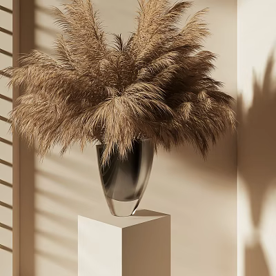 Brown Reeds in Black Vase on White Cube Stand with Light Shadow Effects 3d model