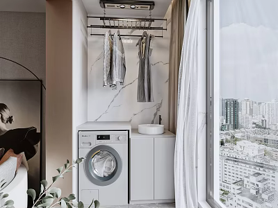 Home Balcony Interior With Washing Machine Clothes Rack Marble Wall And Window City View 3d model