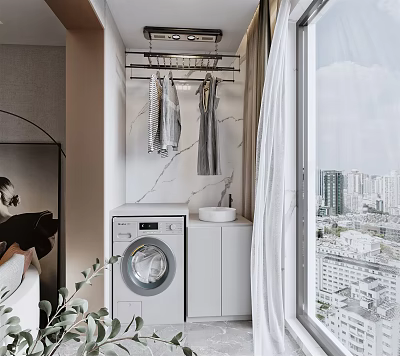 Home Balcony Interior With Washing Machine Clothes Rack Marble Wall And Window City View 3d model