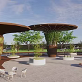 Scenic Park Landscape With Umbrella Shaped Structures Green Trees Water Surface And Seating Areas