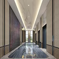 Modern Elevator Hallway Design With Marble Flooring Ceiling Lights And Decorative Walls 3d model
