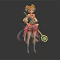 Magical Female Character With Twin Bun Hairstyle Holding Creature Themed Staff And Decorative Leather Boots