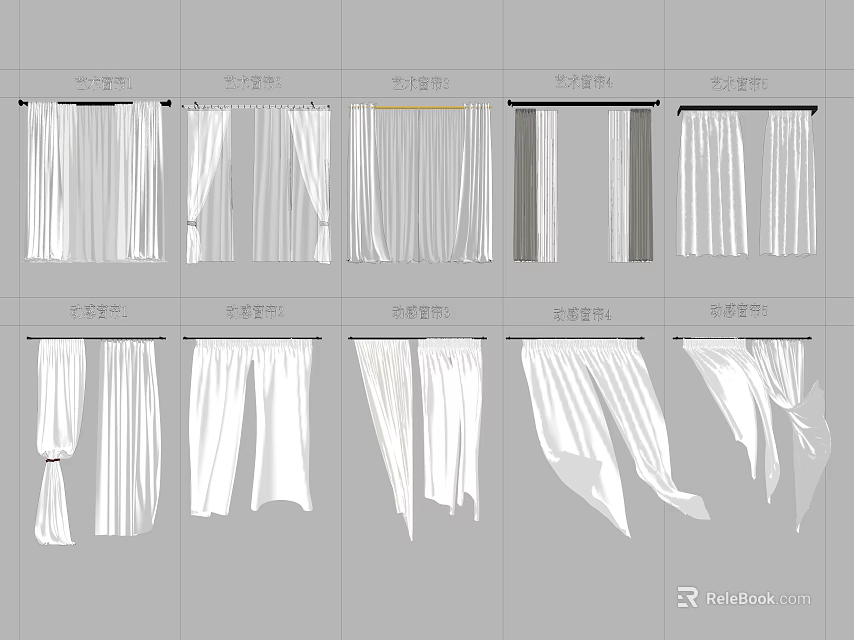 Various Curtain Styles Including Full Shade Semi Shade and Transparent Hanging Designs 3d model 