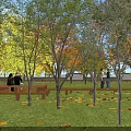 Scenic Park Landscape With Lush Trees Sunlight Benches And People On Green Lawn