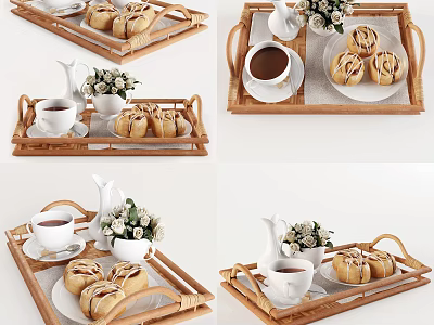 Fresh Cinnamon Rolls on Bamboo Trays with Coffee Tea and Flower Decorations 3d model