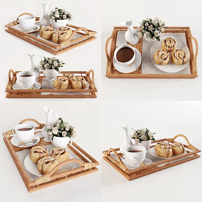 Fresh Cinnamon Rolls on Bamboo Trays with Coffee Tea and Flower Decorations 3d model