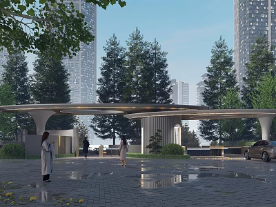Modern Entrance Gate Design With Canopy Columns Trees And Urban High Rise Buildings 3d model