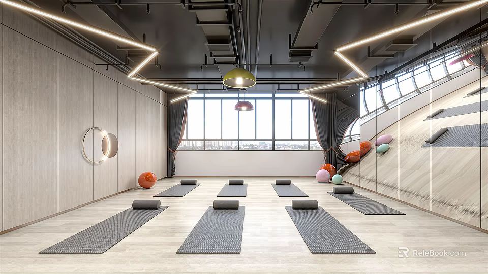 Spacious Yoga Studio Fitness Space With Yoga Mats Large Windows Mirrors And Lighting 3d model 