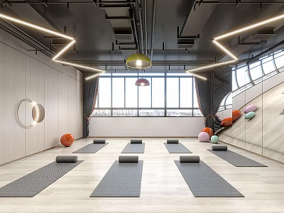 Spacious Yoga Studio Fitness Space With Yoga Mats Large Windows Mirrors And Lighting 3d model