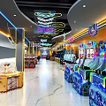 Colorful Playground Entertainment Area With Row Of Interactive Game Machines And Bright Lights