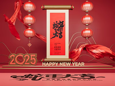 2025 Chinese New Year Dragon Year Decor With Red Lanterns Scroll And Happy New Year 3d model