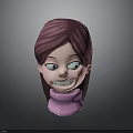 3D Cartoon Character Head Model With Purple Hair Big Eyes And Pink Turtleneck