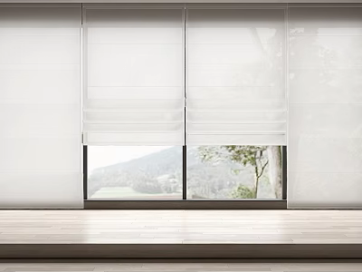 White Roman Blinds Covering Window With Natural Mountain And Tree View 3d model