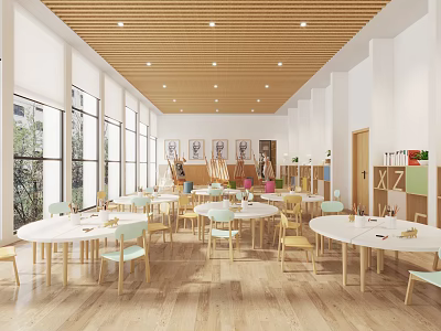 Book Art Interior Design with Bright Wooden Round Tables Chairs and Artworks on Walls 3d model