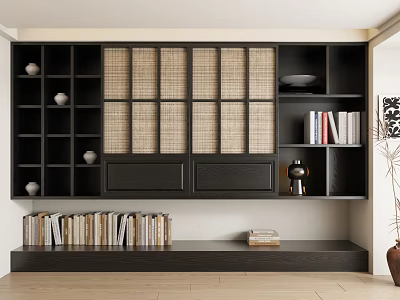 Modern Black Bookshelf With Multiple Compartments Rattan Doors Bottom Storage Cabinets Books And Decorative Items 3d model