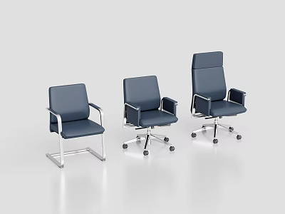 Three Modern Office Chairs With Blue Upholstery And Metal Frames In Different Styles 3d model