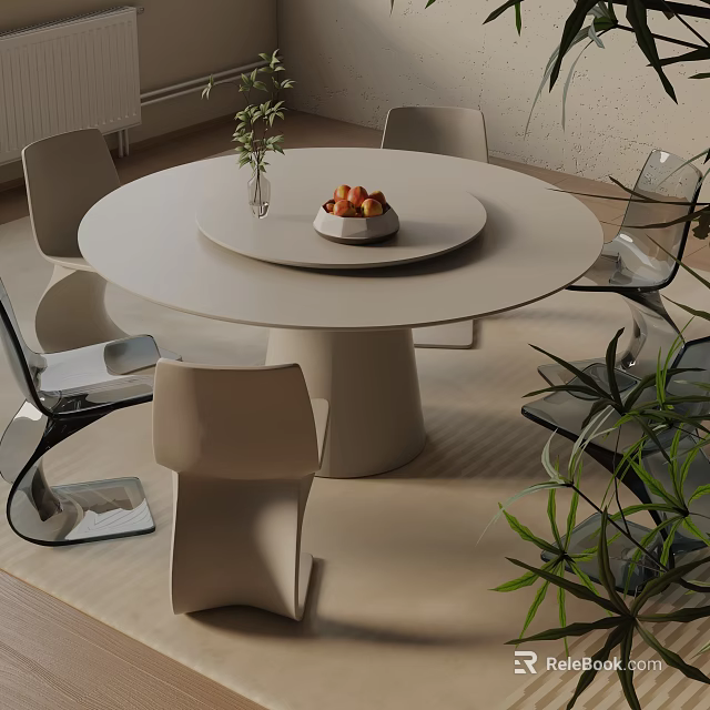 Modern Round Dining Table Set With Minimalist Chairs Vase Fruit Bowl And Green Plants 3d model 
