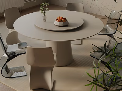 Modern Round Dining Table Set With Minimalist Chairs Vase Fruit Bowl And Green Plants 3d model