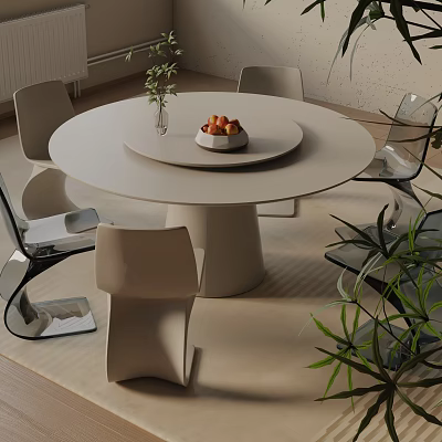 Modern Round Dining Table Set With Minimalist Chairs Vase Fruit Bowl And Green Plants 3d model