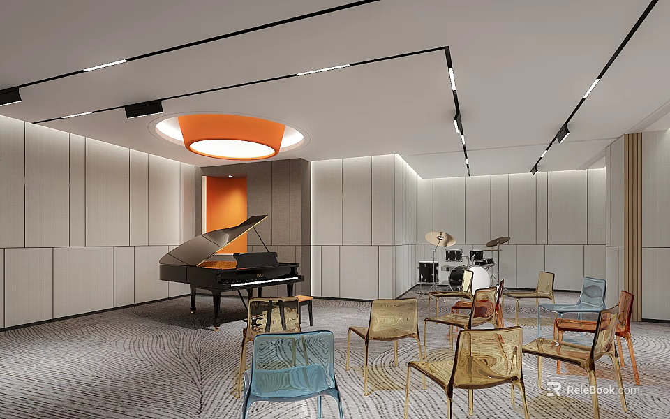 Modern School Music Classroom With Piano Drum Set And Chairs 3d model 