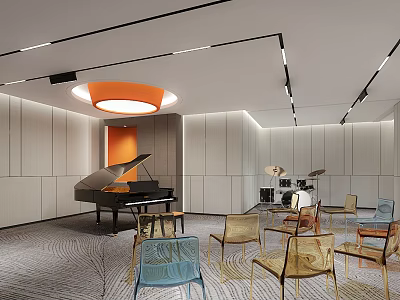 Modern School Music Classroom With Piano Drum Set And Chairs 3d model