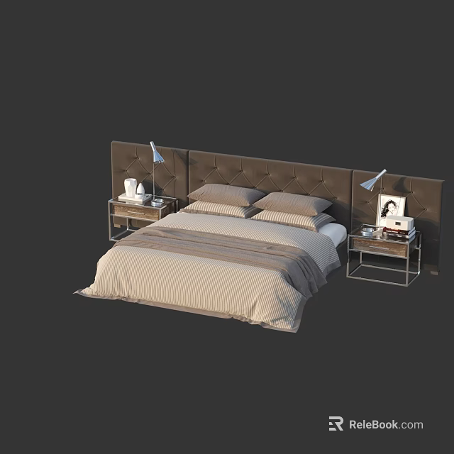 Double Bed with Tufted Headboard Modern Nightstands Table Lamps and Linen Bedding 3d model 