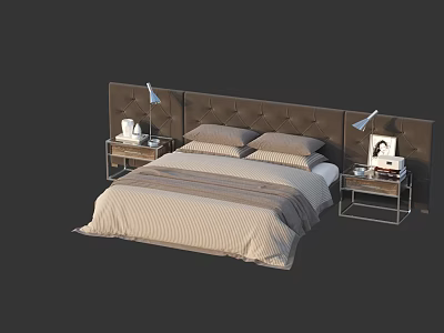 Double Bed with Tufted Headboard Modern Nightstands Table Lamps and Linen Bedding 3d model
