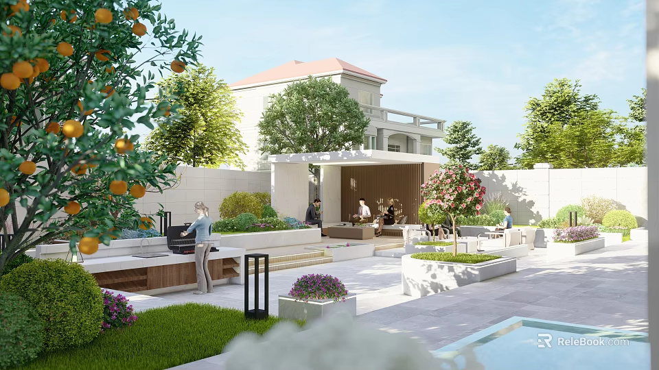 Modern Garden Landscape With Outdoor Lounge Greenery Water Feature And Orange Trees 3d model 