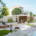 Modern Garden Landscape With Outdoor Lounge Greenery Water Feature And Orange Trees