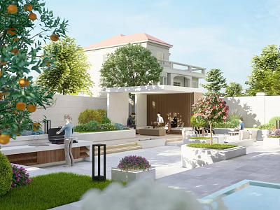 Modern Garden Landscape With Outdoor Lounge Greenery Water Feature And Orange Trees 3d model