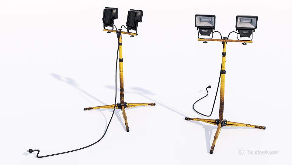 Portable Spotlights With Yellow Black Tripod Stands And Power Cords 3d model 