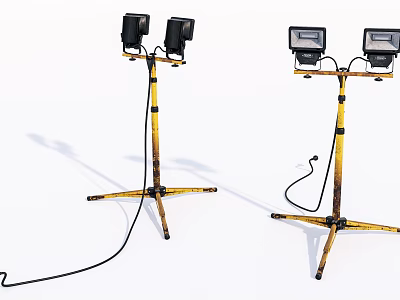 Portable Spotlights With Yellow Black Tripod Stands And Power Cords 3d model