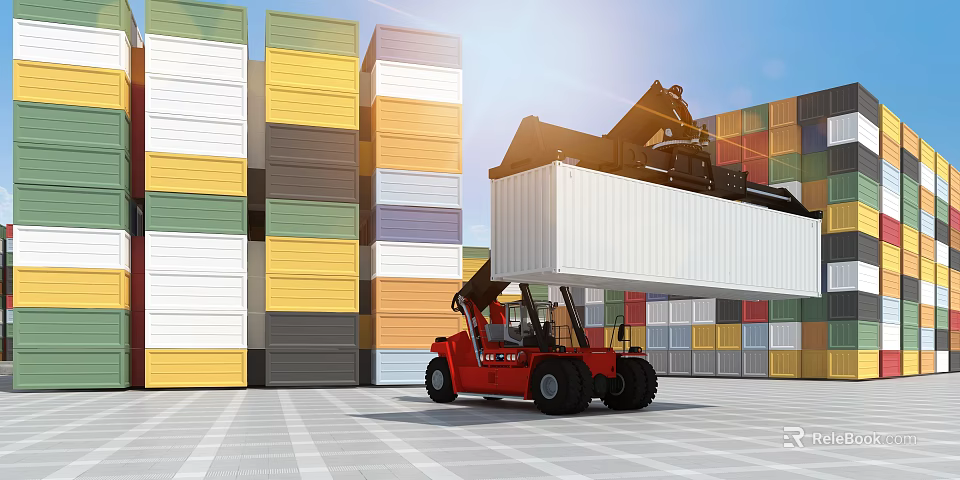 Heavy Duty Industrial Equipment Forklift Lifting Shipping Container in Warehouse 3d model 