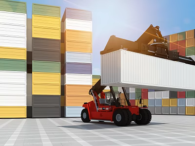 Heavy Duty Industrial Equipment Forklift Lifting Shipping Container in Warehouse 3d model