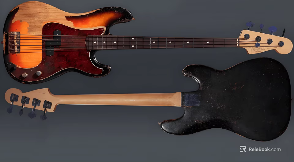 Vintage Wooden Bass Guitars With Sunburst Front And Black Back Bodies 3d model 