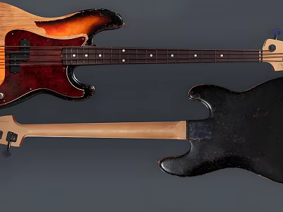 Vintage Wooden Bass Guitars With Sunburst Front And Black Back Bodies 3d model
