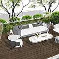 Outdoor Landscape Seating With Green Trees Plants Wicker Chairs Sofa Coffee Tables On Wooden Deck