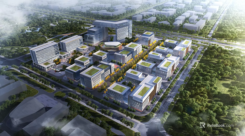 Modern Industrial Factory Park Featuring Multiple Buildings Green Areas And Planned Layout 3d model 