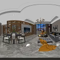 Modern Open Living and Dining Room Interior With Sofa Dining Table Chandelier and City View