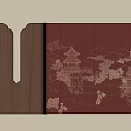 Chinese Style Background Wall With Red Panel And Golden Pagoda Landscape Patterns