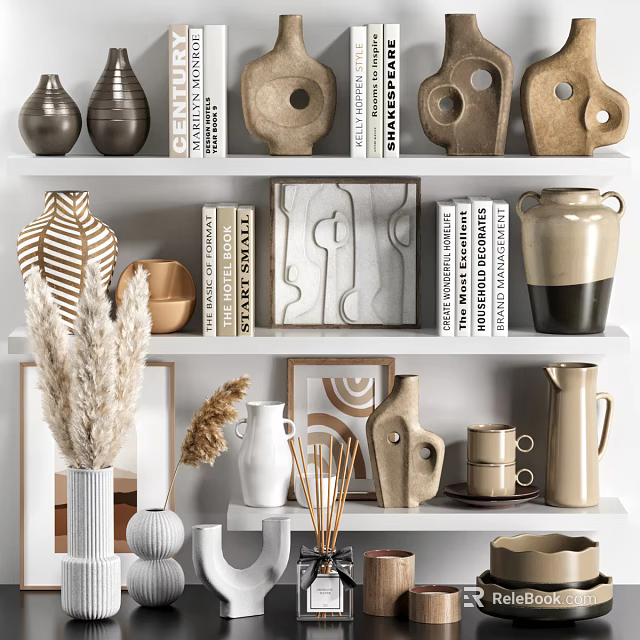 Decorative Ornament Set with Ceramic Vases Geometric Sculptures Books Dried Pampas Grass on Modern Shelves 3d model 