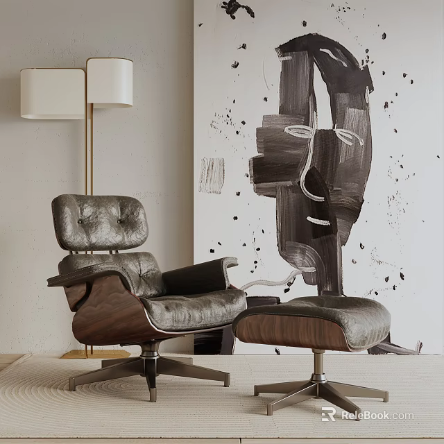 Modern Leather Recliner Chair With Walnut Base Ottoman Abstract Black White Art Wall Floor Lamp 3d model 
