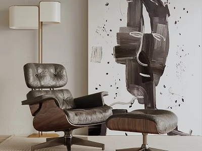 Modern Leather Recliner Chair With Walnut Base Ottoman Abstract Black White Art Wall Floor Lamp 3d model