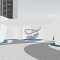 Modern Style White Curved Entrance Gate With Greenery Water Feature And High Rise Background